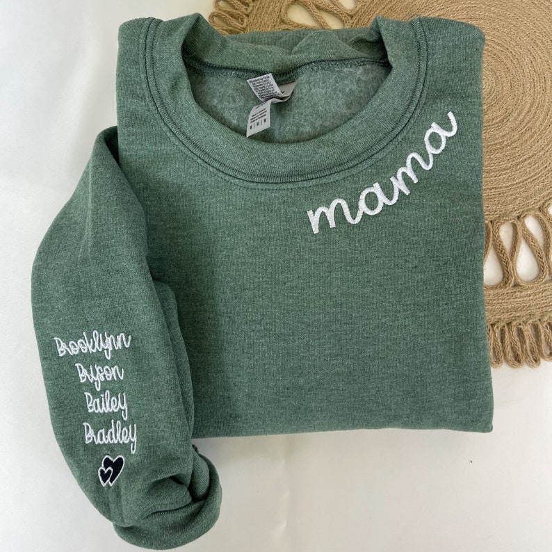 Custom Embroidered Mama Sweatshirt with Kids Name on Sleeve, Personalized Mom Sweatshirt, Minimalist Momma Sweater, Mothers Day Gift for Mom image 1