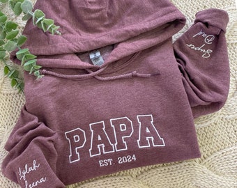 Custom Embroidered Papa Hoodie with Kids Names on Sleeve, Dad Sweatshirt, Personalized Minimalist Papa Crewneck, Father's Day Gift