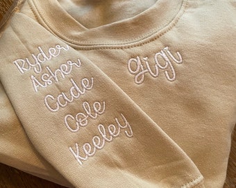 Custom Embroidered Gigi Sweatshirt with Kids Names on Sleeve, Gigi Crewneck, Embroidered Sweater For Grandma,Gigi Embroidery Curved Neckline