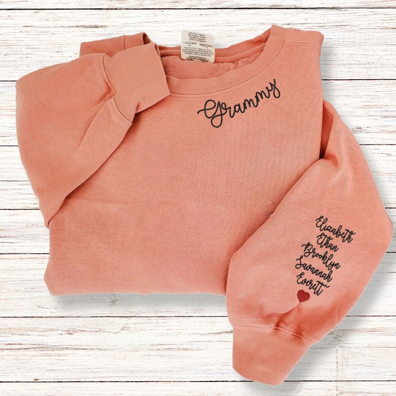 Custom Mama Comfort Colors® Sweatshirt With Kid Name on Sleeve, Mama Embroidered Sweatshirt, Mama Neckline Embroidery,Special Mom Sweatshirt image 5