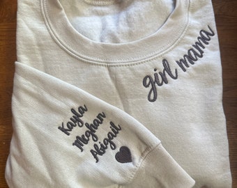 Custom Girl Mama Embroidered Sweatshirt with Kids Name on Sleeve, Personalized Girl Mama Crewneck, Mommy Crewneck, Mom Life sweatshirt