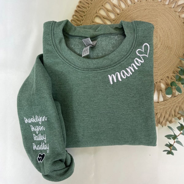 Mama Sweatshirt with Kid Names, Custom Embroider Mama Sweatshirt, Personalize Gift for Mom, New Mama Sweater for Mother Mom Birthday Gift