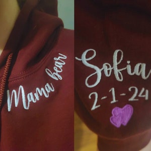 Custom Embroidered Mama Sweatshirt with Kids Name on Sleeve, Personalized Mom Sweatshirt, Minimalist Momma Sweater, Mothers Day Gift for Mom afbeelding 9