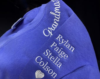Comfort Colors® Custom Embroidered Grandma Sweatshirt With Grandkids Names On Sleeve, Grandma Embroidered Sweatshirt,Grandma Mother Day Gift
