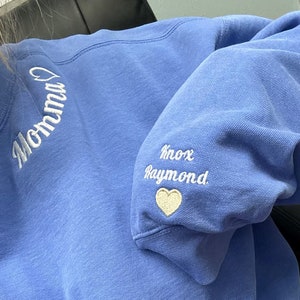 Custom Mama Comfort Colors® Sweatshirt With Kid Name on Sleeve, Mama Embroidered Sweatshirt, Mama Neckline Embroidery,Special Mom Sweatshirt image 2