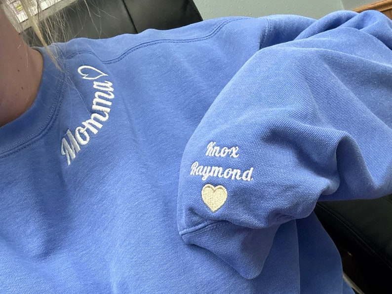 Custom Mama Comfort Colors® Sweatshirt With Kid Name on Sleeve, Mama Embroidered Sweatshirt, Mama Neckline Embroidery,Special Mom Sweatshirt image 2