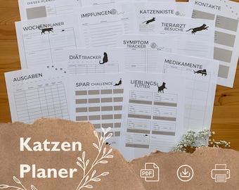 Può includere: Un planner per gatti stampabile con pagine per tenere traccia degli appuntamenti, dei farmaci, del cibo, delle spese e altro ancora. Il planner presenta una silhouette di gatto e impronte di zampe.