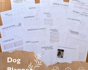 May include: A set of printable dog planner pages, featuring trackers for symptoms, diet, and training. The pages are white with black text and illustrations. The words "Dog Planner" are displayed on a brown background.