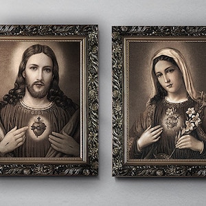Heiliges Herz von Jesus und Maria, Unbeflecktes Herz, Digitale Reproduktion 1899er Jahre, Gemälde, Katholische Kunst, Christliches Geschenk, Holzrahmen