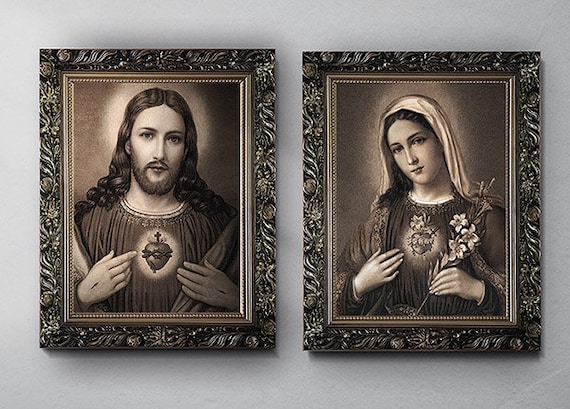 Sacred Heart of Jesus and Mary, Immaculate Heart, Digital reproduction 1899s, Painting, Catholic Art, Christian Gift, Wooden frame