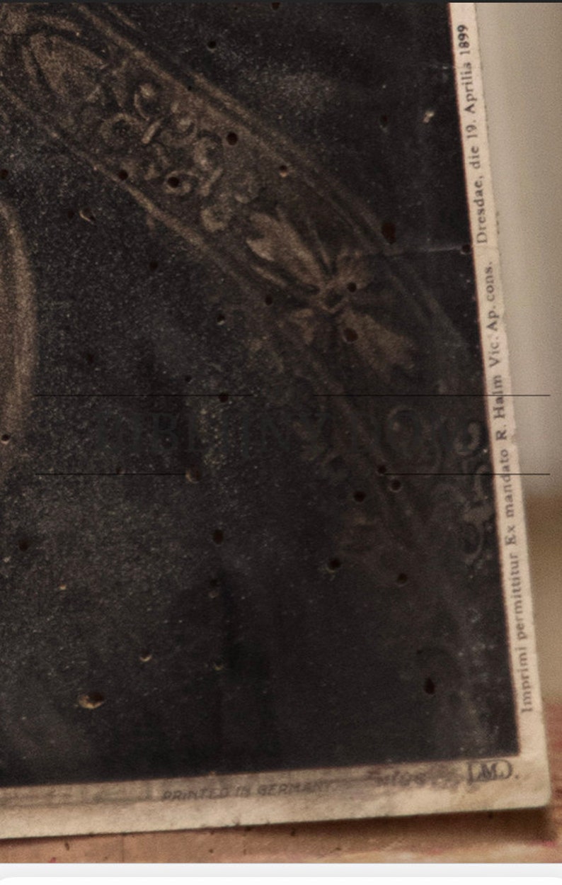 May include: A black and white image of a person wearing a dark dress and a white collar. The image is printed on a card with the text "Imprimi permittitur Ex mandato R. Halm Vic. Ap. cons. Dresdae, die 19. Aprilia 1899" printed on the right side.