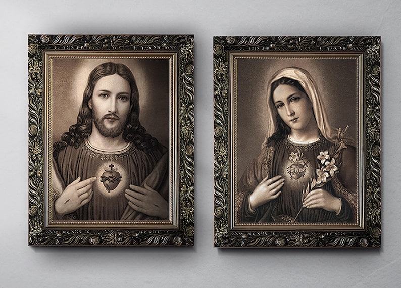 Sacred Heart of Jesus and Mary Print, Catholic Art, Framed Wooden Replica image 1