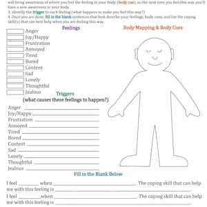 Feelings, Triggers, Body Map, Body Cues and Coping Skill Identification Worksheet