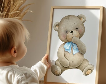 Teddy Bear with Blue Bowtie for Baby Boy Nursery or Bedroom, Wall Art Prints, Printed or Digital