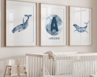 Set of 3 - Personalised Whale prints for boys nursery or bedroom, ocean theme, nautical theme, blue nursery wall art