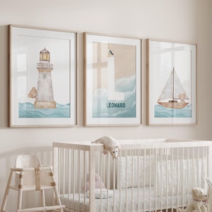 Set of 3 - Nautical Teddy Bear Nursery Prints for baby boys nursery with personalised ocean name print, digital, wall art