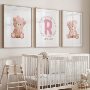 3er Set - Teddybären mit rosa Fliege und Schleife Drucke für Baby Mädchen Kinderzimmer Kinderzimmer Neugeborene Wandkunst Poster