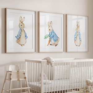 Juego de 3 impresiones inspiradas en Peter Rabbit para la habitación de un bebé, conejo, impresas o digitales, azules, impresiones de pared, decoración, arte, personalizadas