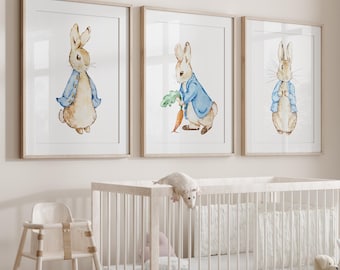 Set of 3 - Peter Rabbit Inspired Prints for Baby Boy Nursery, Bunny Rabbit, Printed or Digital, Blue, Wall Prints, Decor, Art, personalised