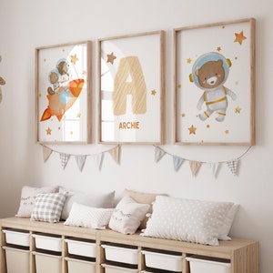 Set of 3 - Teddy Bears in Space Prints for Baby Boy Nursery Kids bedroom Personalised Newborn Wall Art Poster
