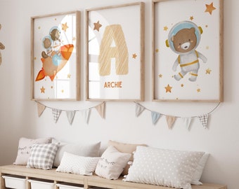 Set of 3 - Teddy Bears in Space Prints for Baby Boy Nursery Kids bedroom Personalised Newborn Wall Art Poster