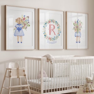 3er Set - Floral Mädchen Kinderzimmer Druck für Baby Mädchen und Kinderzimmer personalisierte Neugeborenen Wand Kunst Poster, Blumen Kinderzimmer, Blumen Prints