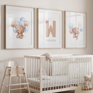3er Set - Boho Teddybär mit Luftballons Drucke für Baby Jungen Kinderzimmer Kinderzimmer Personalisierte Neugeborenen Wand Kunst Poster.