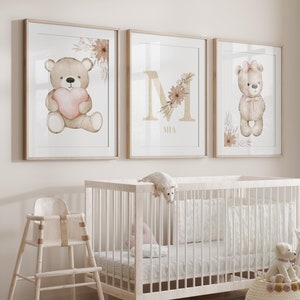 3er Set - Boho Teddybär Liebe Drucke für Baby Mädchen Kinderzimmer Kinderzimmer Personalisierte Neugeborenen Wand Kunst Poster.