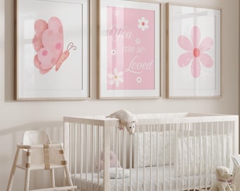 Set of 3 - "You are so Loved" Flower and butterfly quote for baby girl nursery or kids bedroom, pink nursery, kids wall art, nursery décor