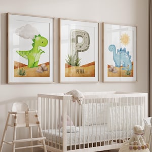 3er Set - süße Dinosaurier Drucke für Baby Jungen Kinderzimmer, personalisierte benutzerdefinierte, Dino Drucke, Tier, Wanddekoration, Kunstdrucke, Baby Name
