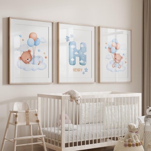 Set of 3 - Sleepy Teddy Bears in Blue Nursery wall prints for baby boy nursery or kids bedroom, personalised with name, wall prints