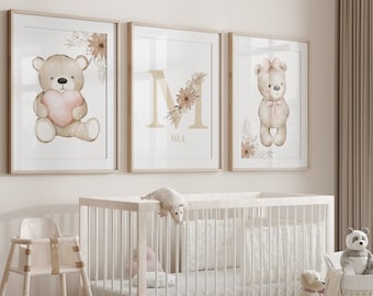 Lot de 3 - Impressions bohèmes amour d'ours en peluche pour chambre d'enfant, chambre d'enfant, affiche d'art mural personnalisée pour nouveau-né