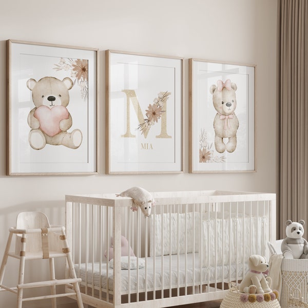 Set of 3 - Boho Teddy Bear Love Prints for Baby Girl Nursery Kids Room Personalised Newborn Wall Art Poster