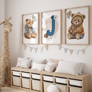 Set of 3 - Blue and Brown Teddy Bear Prints for Baby Boy Nursery, Newborn Kids Room Personalised Wall Art, Animal Decor, Wall Prints, Modern