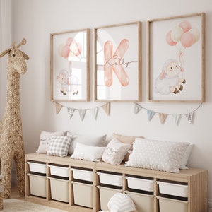 3er Set - rosa Schaf Poster für Baby Mädchen Kinderzimmer oder Kinderzimmer, Lamm Schaf Drucke, Ballon Drucke, personalisiert mit Namen