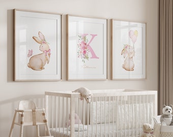 Set of 3 - Pink Bunny Rabbit with Balloons and Butterfly, Baby Girl Nursery, Personalised Custom, Wall Prints, Digital or Printed, Animals