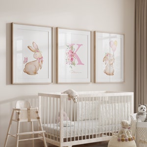 3er Set - Pinkes Häschen mit Luftballons und Schmetterling, Baby Mädchen Kinderzimmer, personalisierte Custom, Wanddrucke, Digital oder gedruckt, Tiere