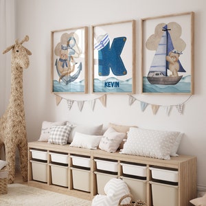 3er Set - Maritimer Teddybär Sailor Drucke für Baby Jungen Kinderzimmer Kinderzimmer Blue Denim Personalisierte Neugeborenen Wand Kunst Poster