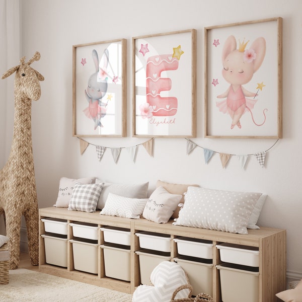 3er Set - Rosa Ballerina Häschen und Maus Drucke für Baby Mädchen Kinderzimmer Kinderzimmer Personalisierte Neugeborene Tier Wand Kunst Poster