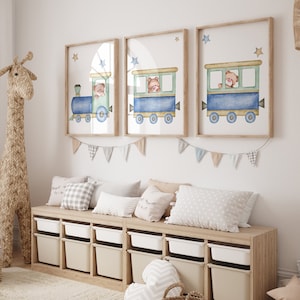 3er Set - Zug Teddybär Drucke für Baby Jungen Kinderzimmer Kinderzimmer Personalisierte Neugeborenen Wand Kunst Poster