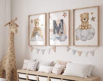 Conjunto de 3 pôsteres neutros em aquarela com ursinhos de pelúcia para quarto de bebê unissex, decoração personalizada para recém-nascidos e crianças. Decoração com tema animal.