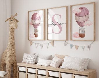 Set of 3 - Pink Hot Air Balloon with Teddy Bear and Elephant, Baby Girl Nursery, Personalised Custom, Wall Prints, Digital Printed, Animals