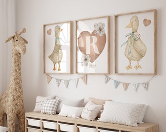 Set of 3 - Neutral Boho Duck Geese Prints for Baby Nursery, Animal Art Prints, Brown Decor, Prints, Gifts, Personalised Custom, Baby name