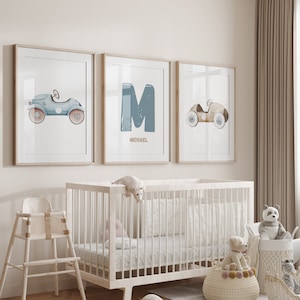 Juego de 3 impresiones de coches de carreras antiguos para la habitación de un bebé o un niño, impresiones personalizadas para la habitación de un bebé, arte mural, impresas o digitales