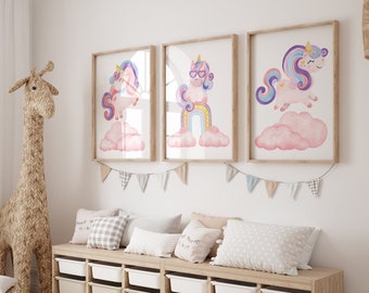 Set of 3 - Pastel Pink Unicorn Nursery Prints for baby girl nursery or kids bedroom, Printed, Digital, Wall Prints, Nursery wall art, Decor