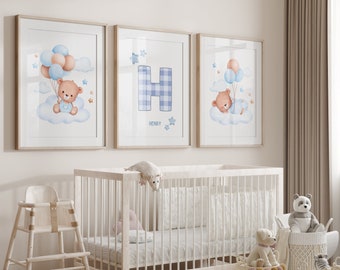 Set of 3 - Cute Teddy Bear Love Prints for Baby Boy Nursery Kids Room Personalised Newborn Wall Art Poster, Clouds and balloons, Blue Brown