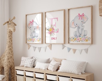Set of 3 - Flower Elephant Nursery Prints for Baby Girl or Kids Bedroom, Girl Nursery Decor, Animal Prints, Personalised, Digital or Printed