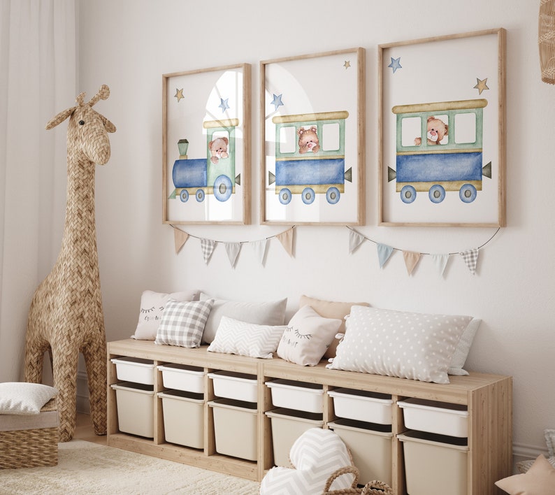 Path Train Teddy Set of 3 - Train Teddy Bear Prints for Baby Boy Nursery Kids Room ...