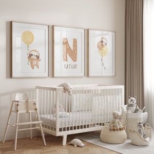 3er Set - Faultier mit gelben Ballon Prints für Baby Mädchen oder Jungen Kinderzimmer Kinderzimmer Personalisierte Neugeborenen Wandkunst Plakat, besonders angefertigt