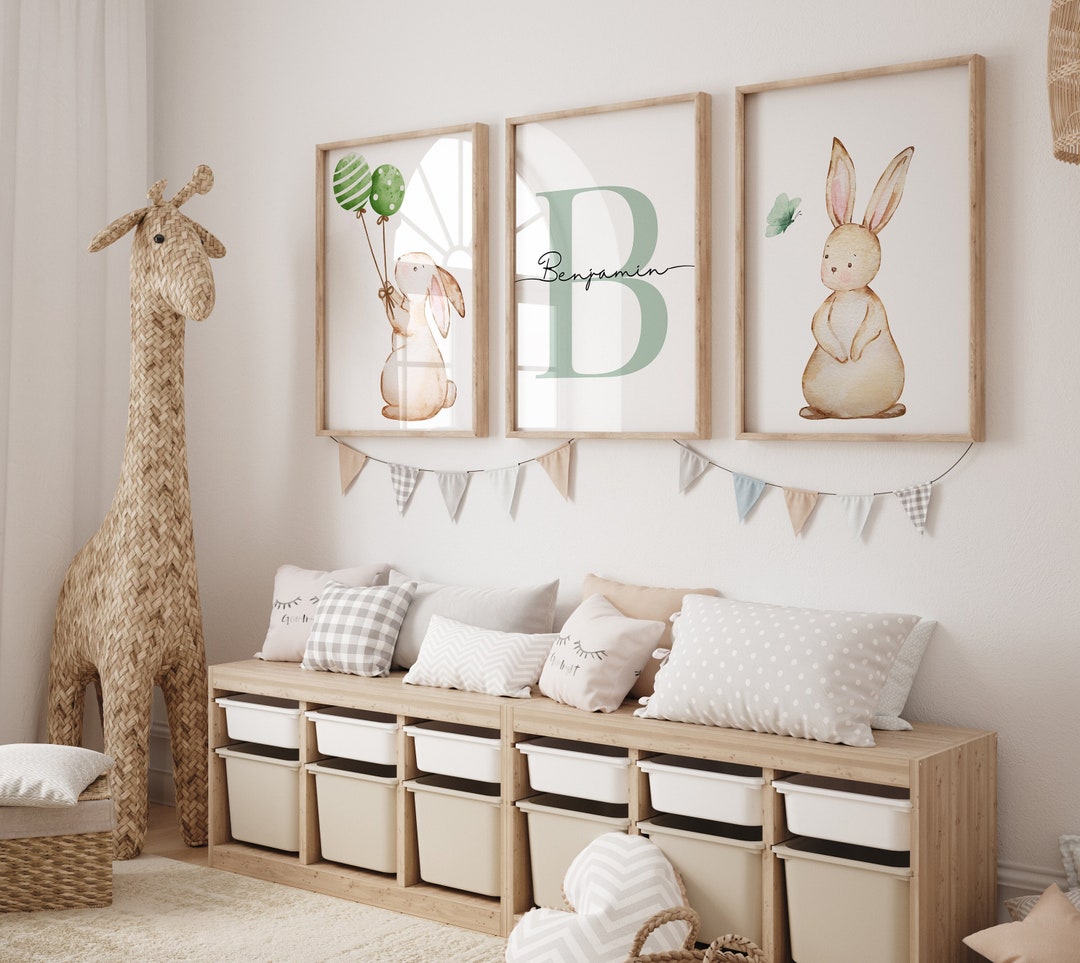 Set of 3 - Green Bunny Rabbit With Balloons and Butterfly, Baby Boy ...